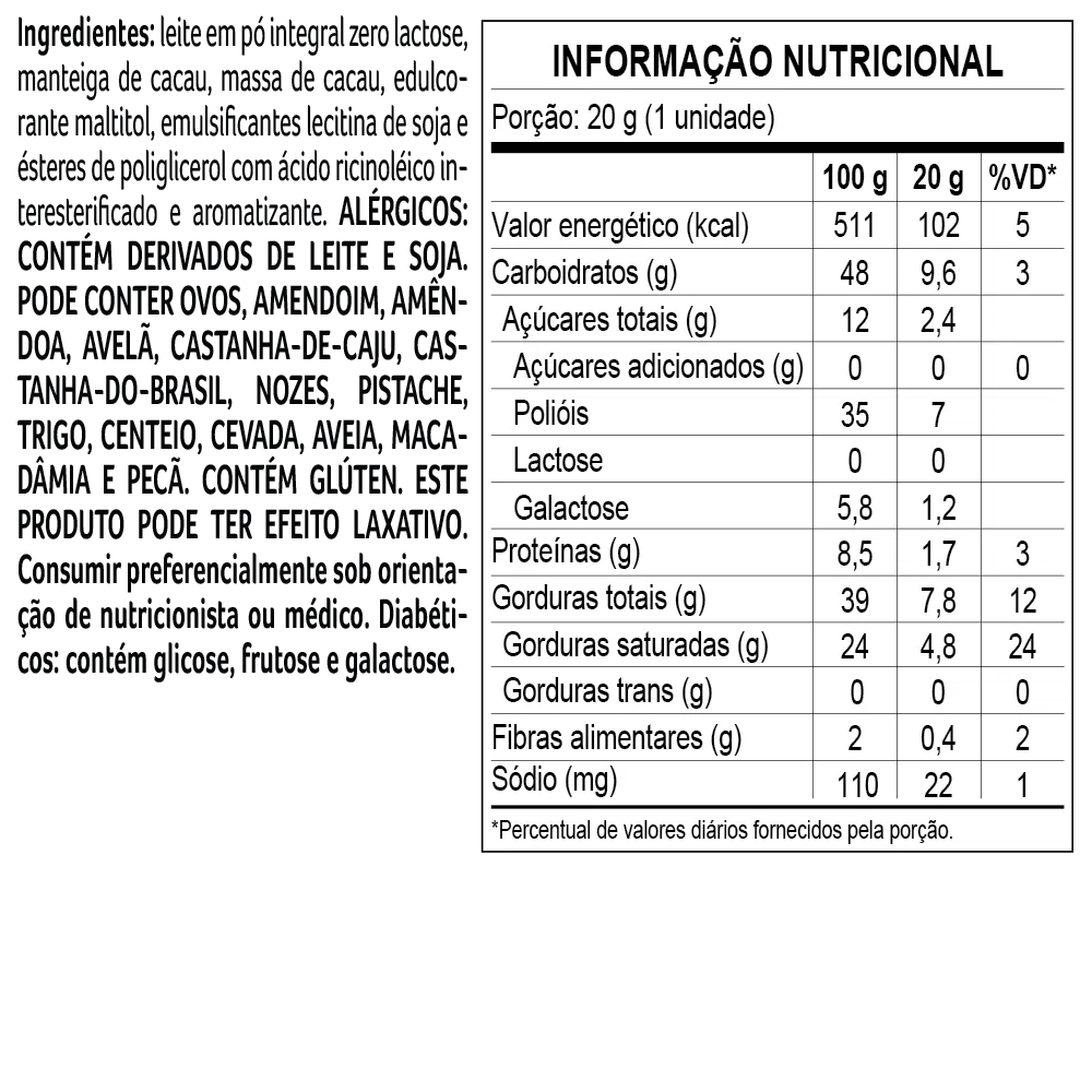 Tablete Bless Zero Açúcar e Zero Lactose de Chocolate ao Leite 20g - foto 2