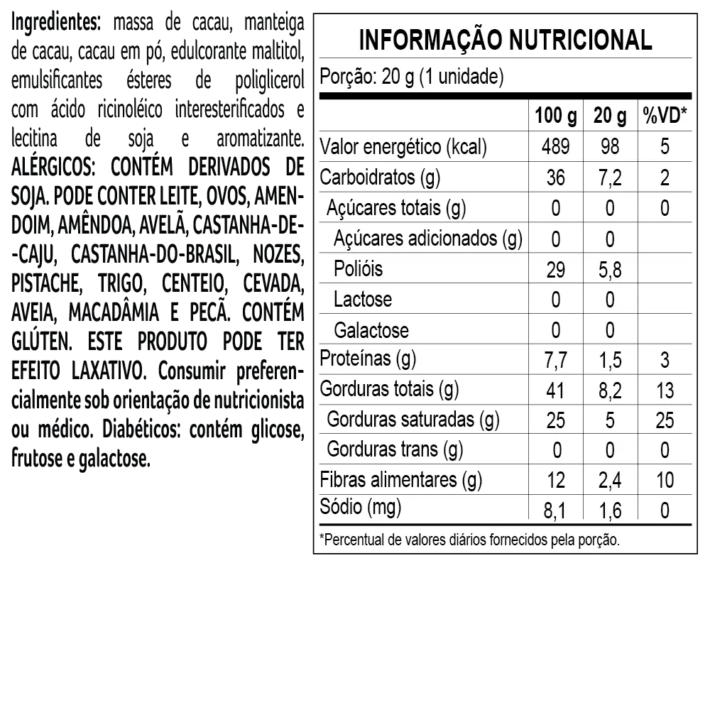 Tablete Bless Zero Açúcar e Zero Lactose de Chocolate 70% Cacau 20g - foto 2